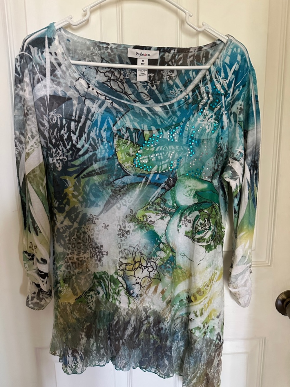 Style & Co. Teal Green Floral Rhinestone Scoop Neck Tunic